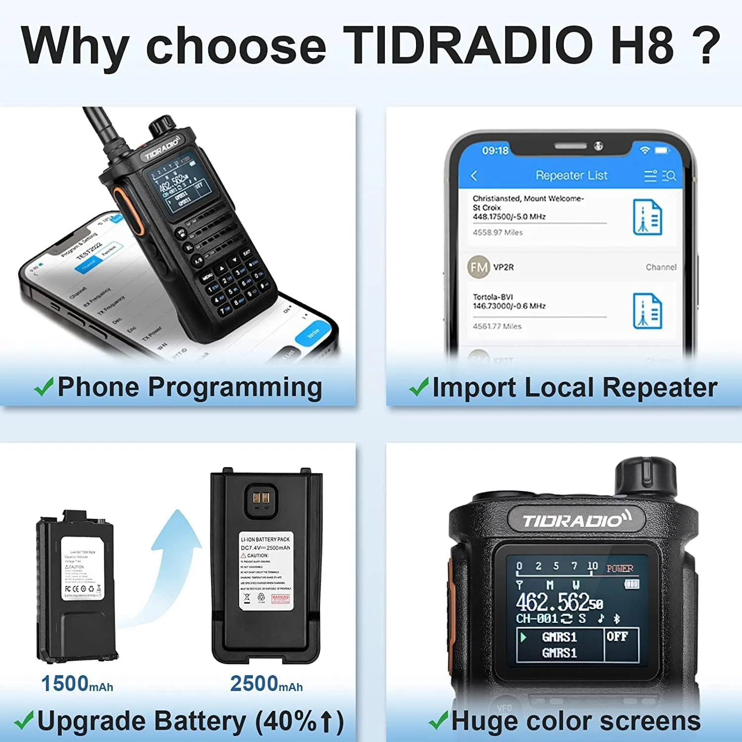 8 Watt TD-H8 GMRS Handheld Radio(2nd Gen) with 4PCS Batteries, 771 Long Antenna & Earpiece - Bluetooth Programming, Repeater Capable, Dual Band Long Range Two Way Radios - 2Pack Full Kit