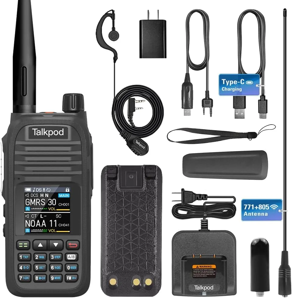 A36SE GMRS Handheld Radio Long Range, Multi Band Walkie Talkie with 771 Aviation Antenna ＆ 805 Antenna, Type-C Rechargeable Battery, AM/FM Reception, NOAA, Two Way Radio with Earpiece (Black)