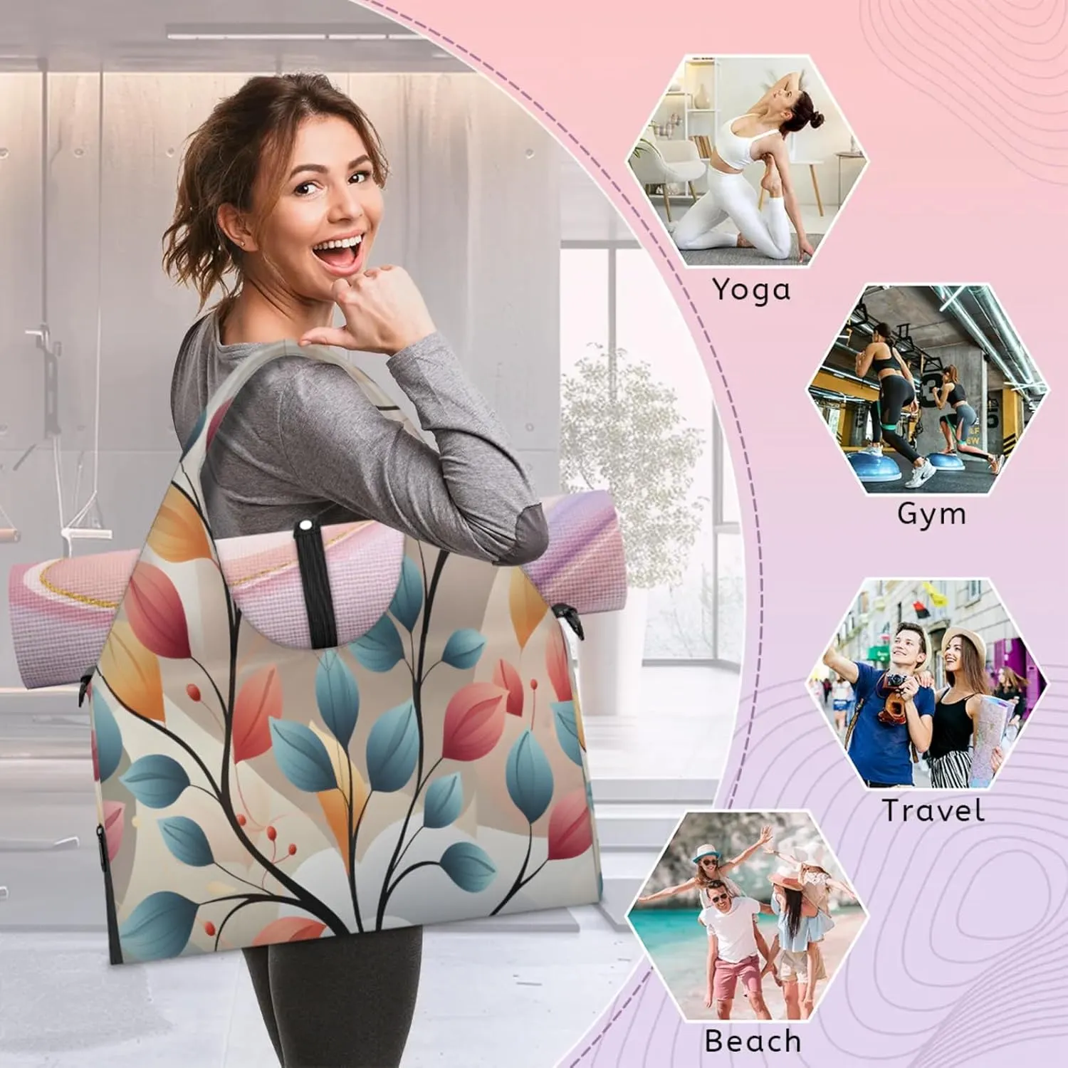 Abstract Leaf Artistry Waterproof Gym Bag for Men Women, Sports Duffel Bag with Shoe Compartment Yoga Mat Holder, Portable Large Travel Bag for Fitness, Camping, Weekend Trips