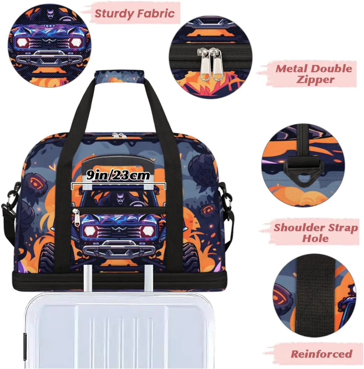 Abstract Monster Truck Car Foldable Travel Duffel Bag Overnight Weekender Bag with Shoes Compartment Sports Gym Bag for Men Women