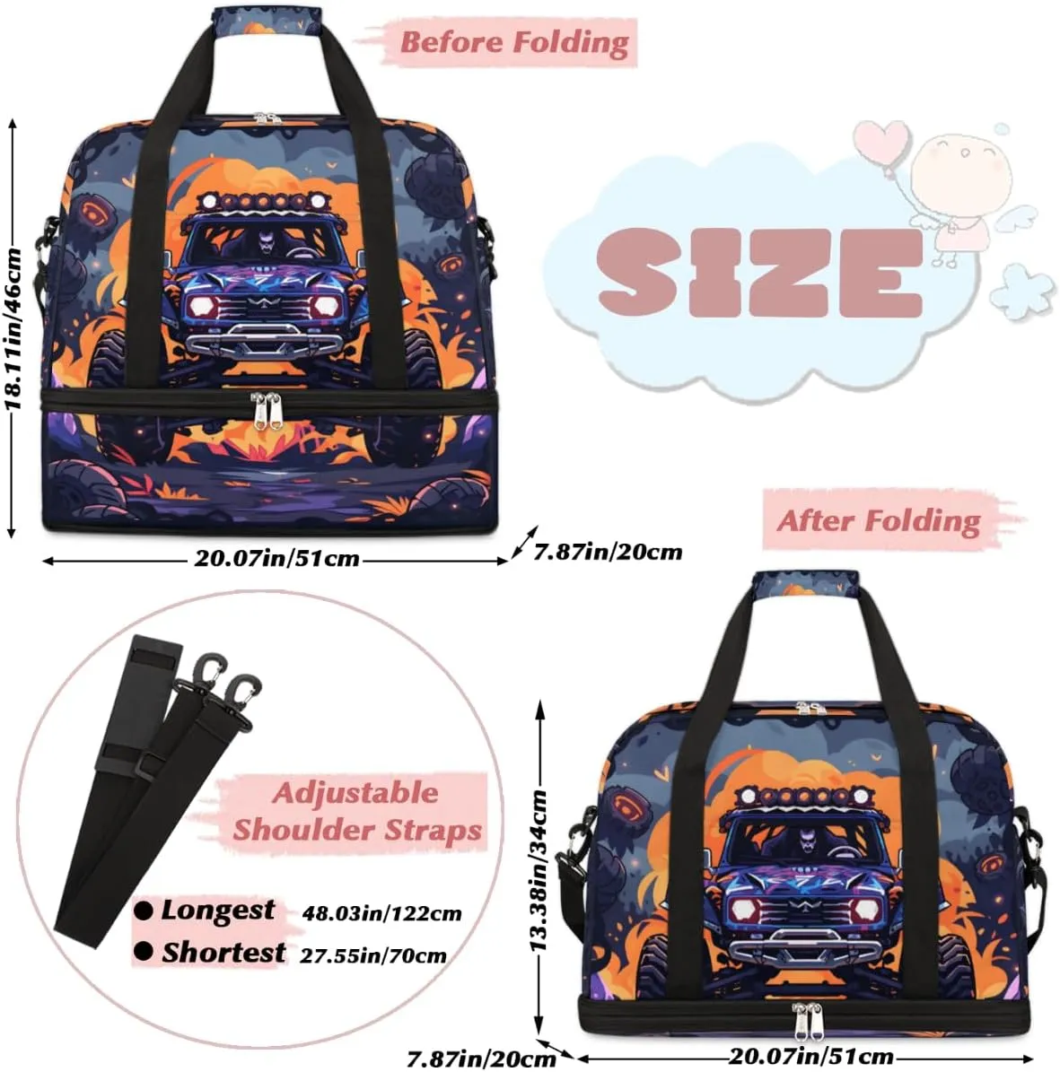 Abstract Monster Truck Car Foldable Travel Duffel Bag Overnight Weekender Bag with Shoes Compartment Sports Gym Bag for Men Women
