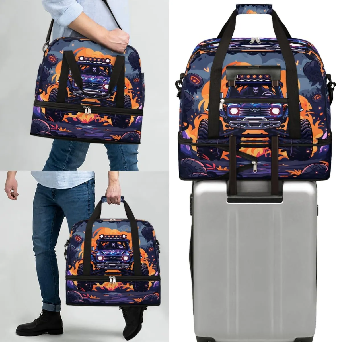 Abstract Monster Truck Car Foldable Travel Duffel Bag Overnight Weekender Bag with Shoes Compartment Sports Gym Bag for Men Women