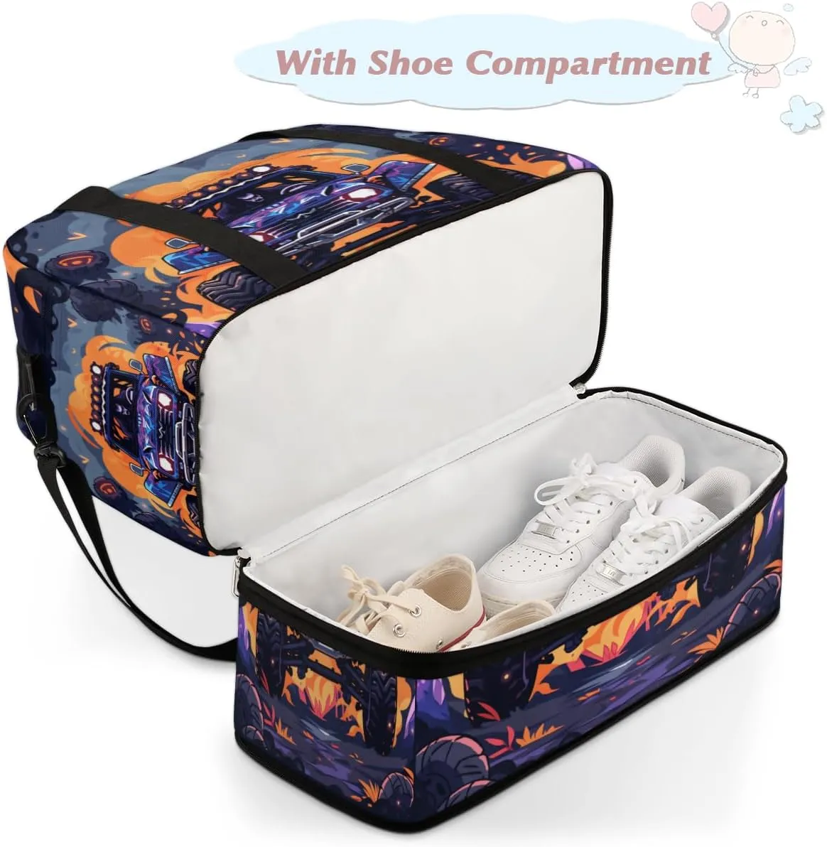 Abstract Monster Truck Car Foldable Travel Duffel Bag Overnight Weekender Bag with Shoes Compartment Sports Gym Bag for Men Women