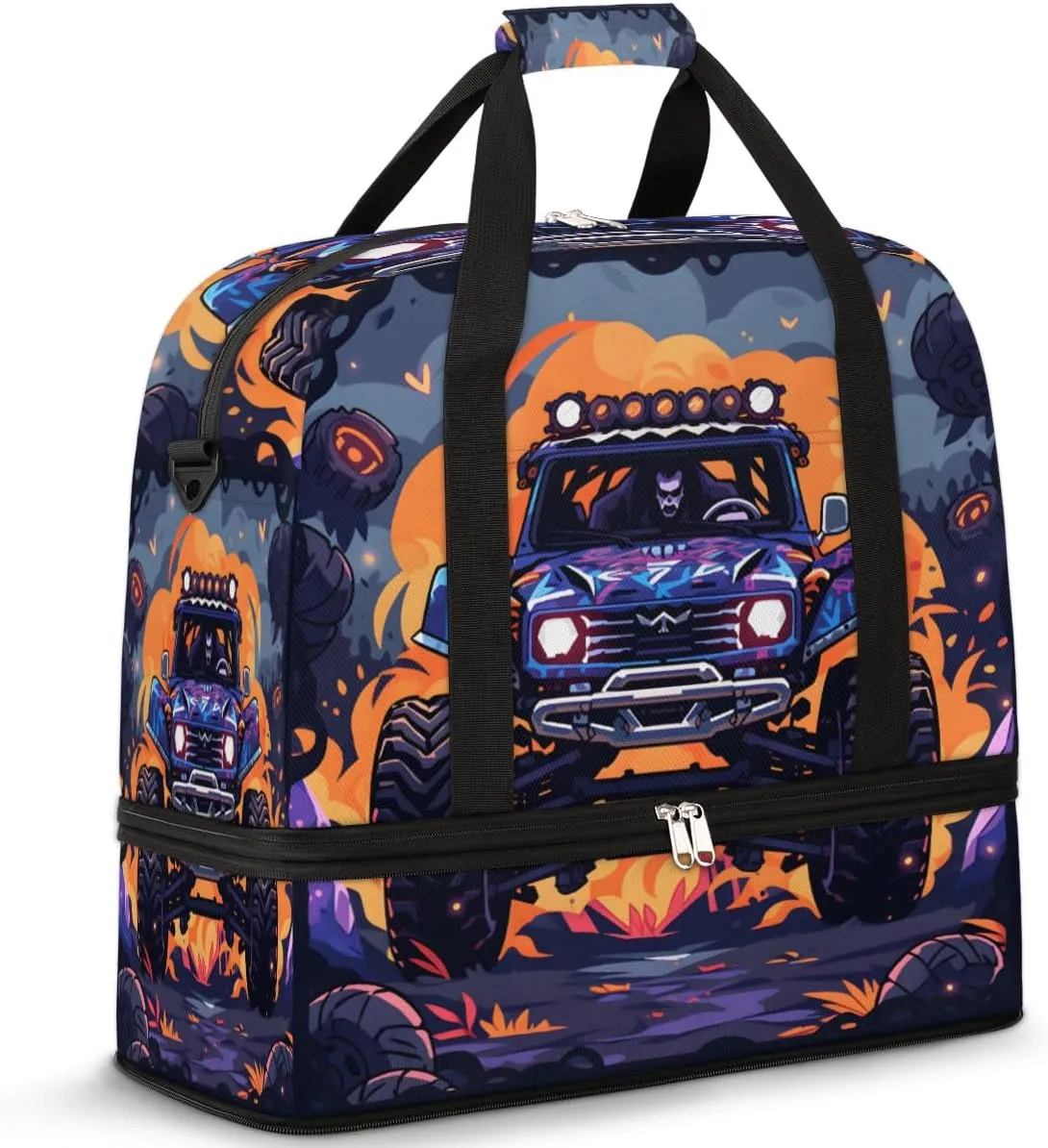 Abstract Monster Truck Car Foldable Travel Duffel Bag Overnight Weekender Bag with Shoes Compartment Sports Gym Bag for Men Women