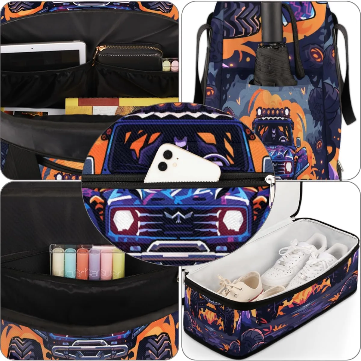 Abstract Monster Truck Car Foldable Travel Duffel Bag Overnight Weekender Bag with Shoes Compartment Sports Gym Bag for Men Women