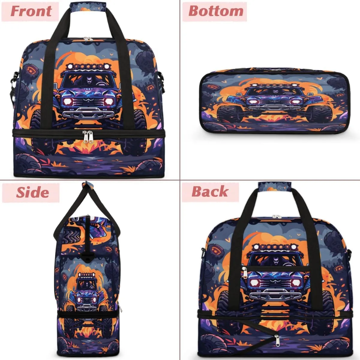 Abstract Monster Truck Car Foldable Travel Duffel Bag Overnight Weekender Bag with Shoes Compartment Sports Gym Bag for Men Women