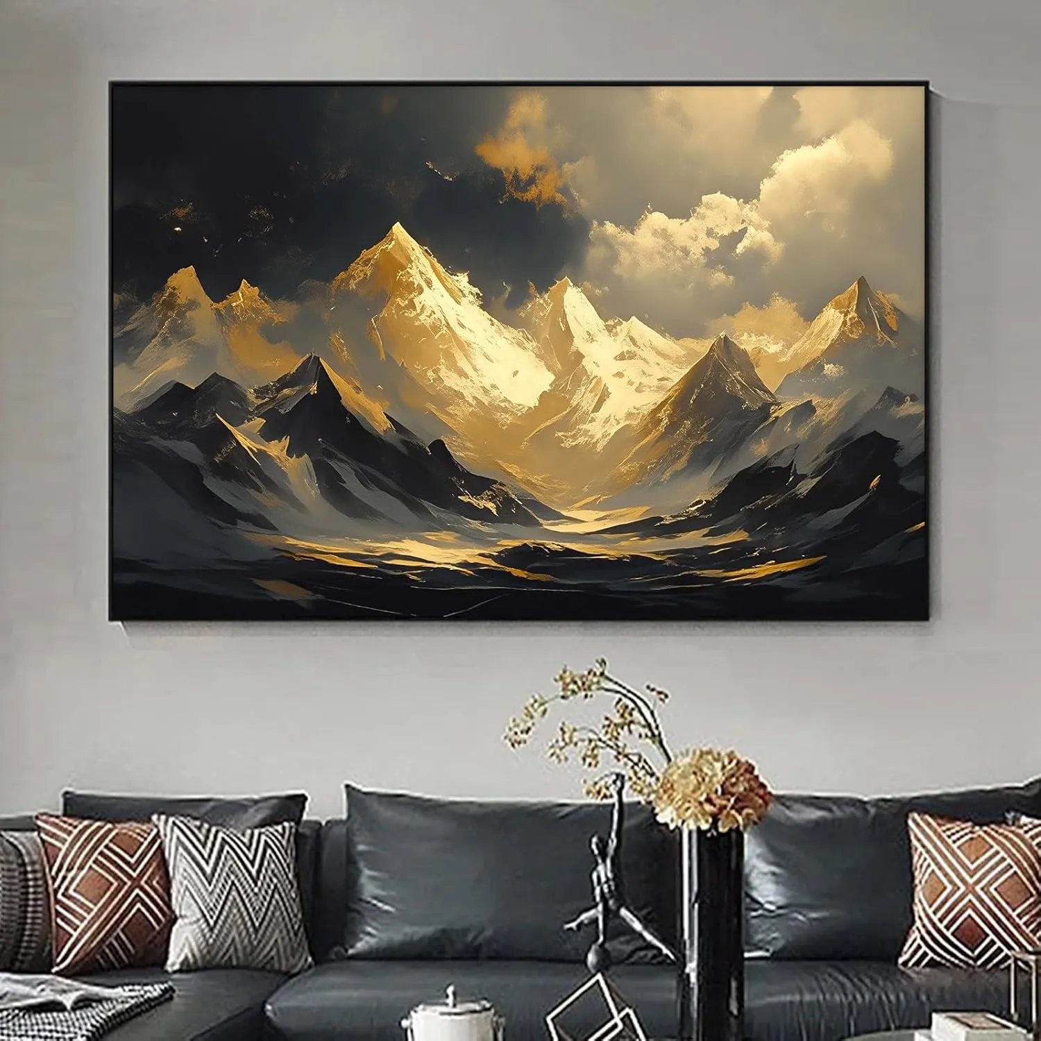Abstract Mountain Landscape Wall Art Black and Gold Mountain Poster Nature Abstract Gold Foil Artwork Dark Grey Posters for Living Room 24x16inch No Frame