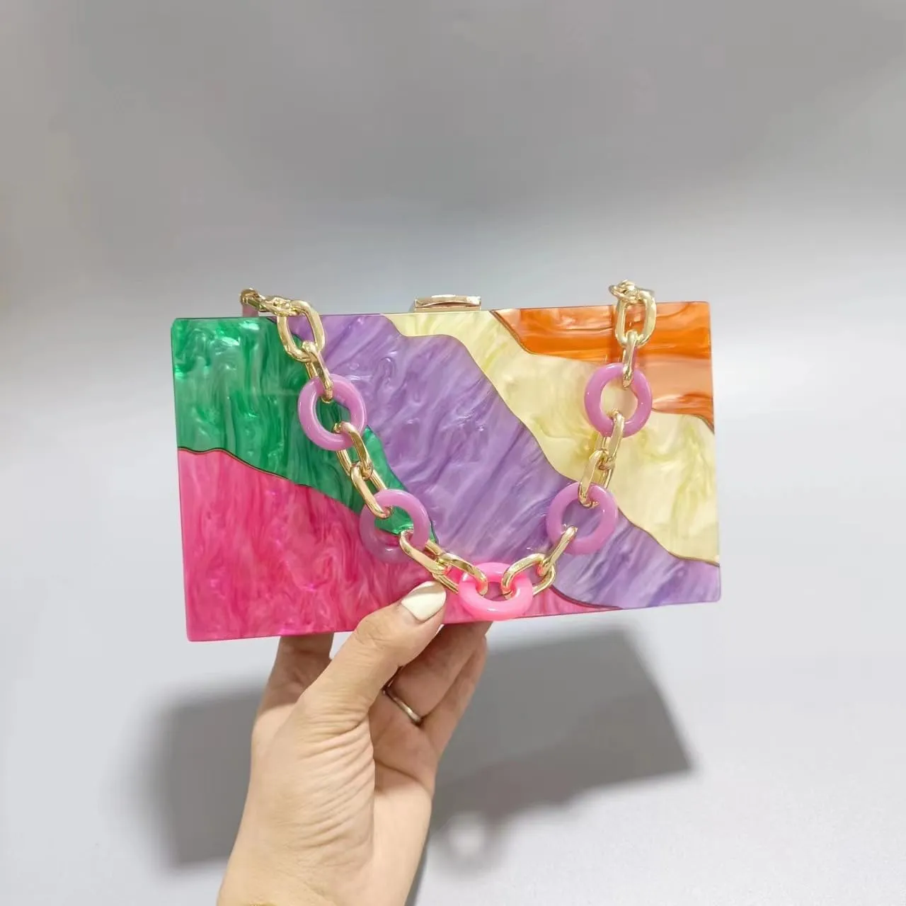 Acrylic Clutch Purse for Women Colorful Evening Handbag Geometric Marbling Box Bag with Detachable Chain