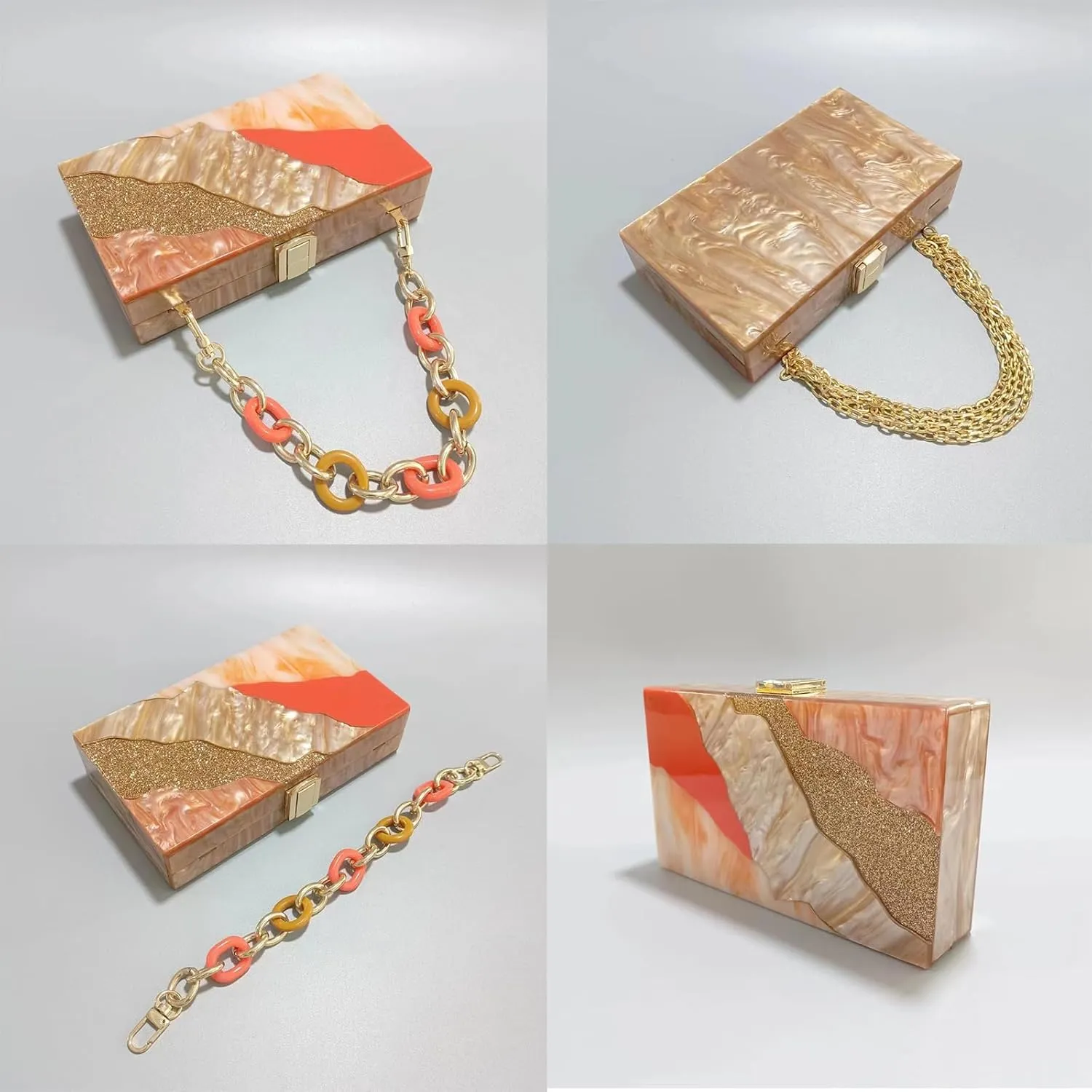 Acrylic Clutch Purse for Women Colorful Evening Handbag Geometric Marbling Box Bag with Detachable Chain