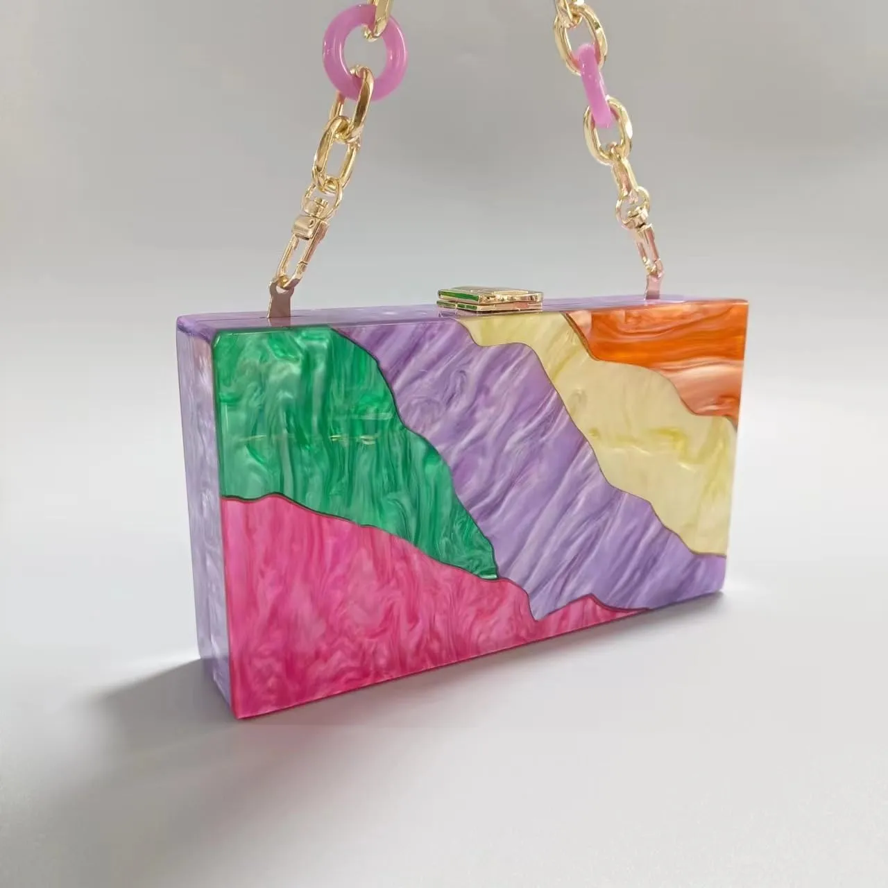 Acrylic Clutch Purse for Women Colorful Evening Handbag Geometric Marbling Box Bag with Detachable Chain