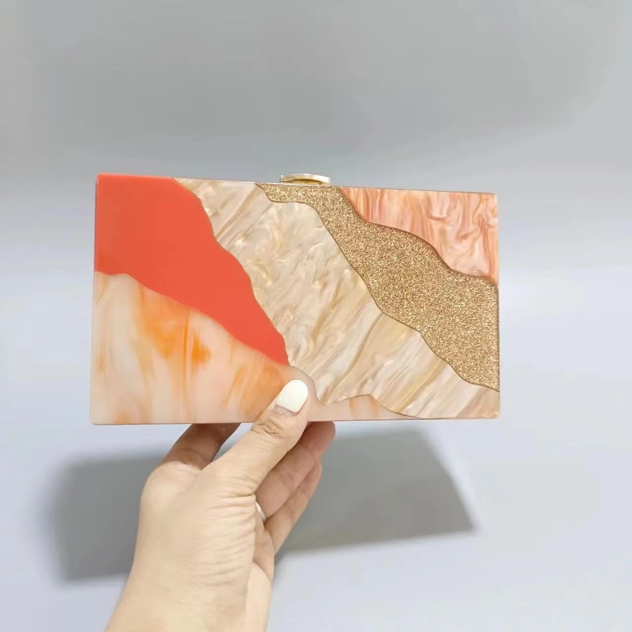 Acrylic Clutch Purse for Women Colorful Evening Handbag Geometric Marbling Box Bag with Detachable Chain