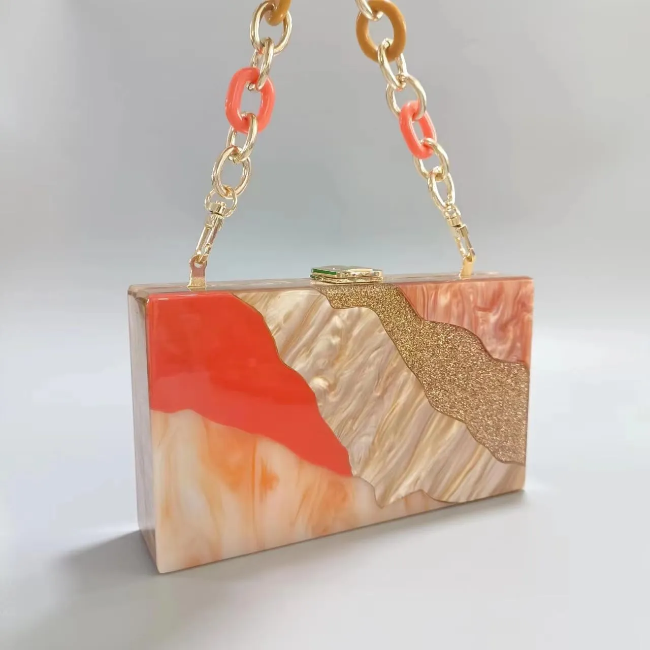 Acrylic Clutch Purse for Women Colorful Evening Handbag Geometric Marbling Box Bag with Detachable Chain