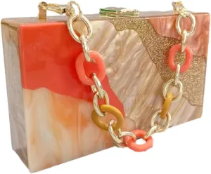 Acrylic Clutch Purse for Women Colorful Evening Handbag Geometric Marbling Box Bag with Detachable Chain