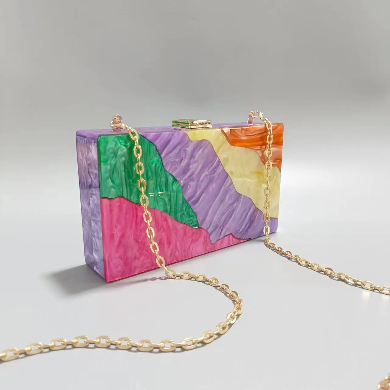 Acrylic Clutch Purse for Women Colorful Evening Handbag Geometric Marbling Box Bag with Detachable Chain