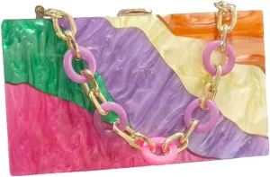Acrylic Clutch Purse for Women Colorful Evening Handbag Geometric Marbling Box Bag with Detachable Chain