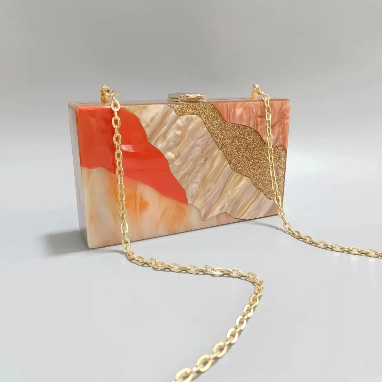 Acrylic Clutch Purse for Women Colorful Evening Handbag Geometric Marbling Box Bag with Detachable Chain