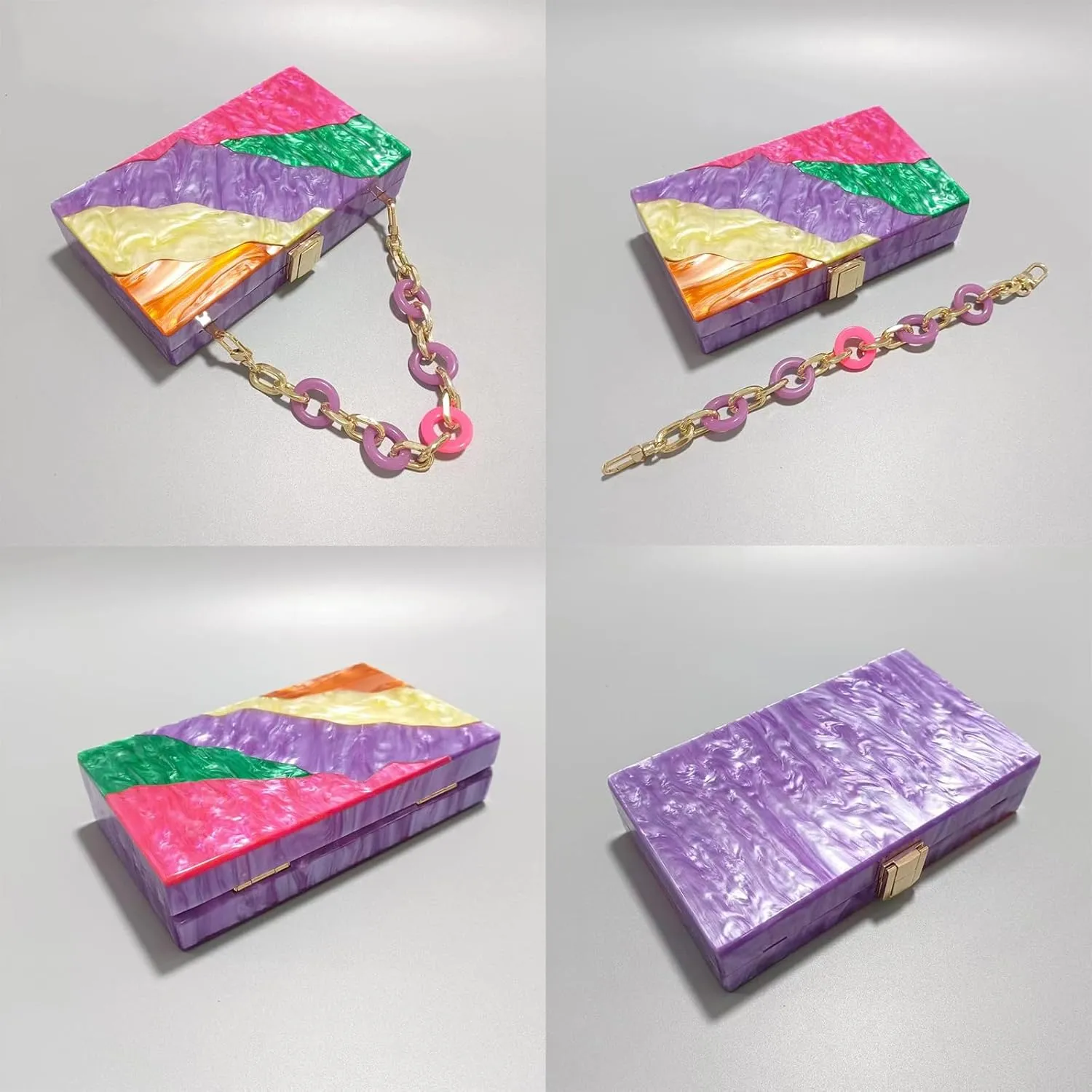 Acrylic Clutch Purse for Women Colorful Evening Handbag Geometric Marbling Box Bag with Detachable Chain