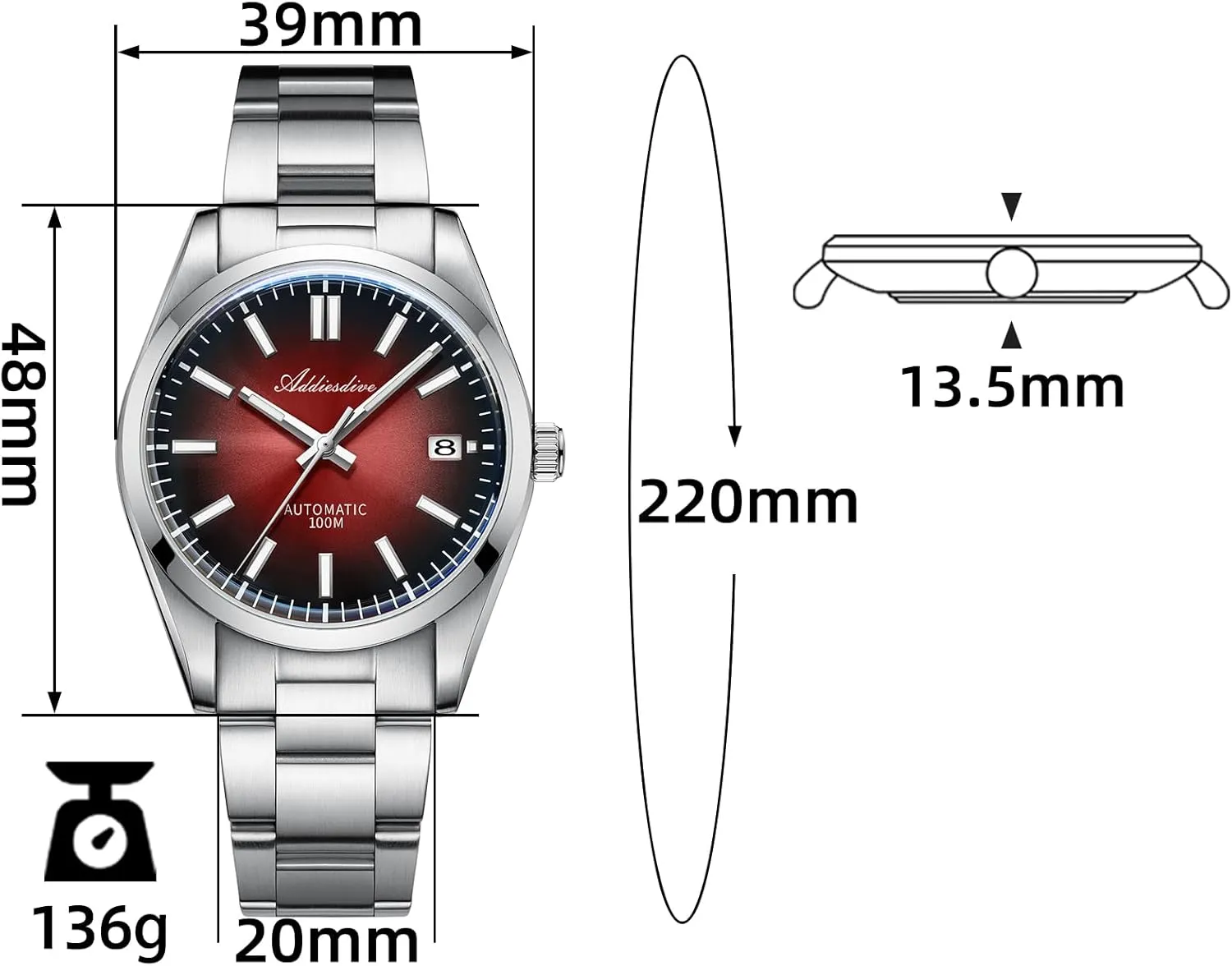 ADDIESDIVE Luxury Automatic Watch Sapphire Crystal NH35A Movement 100 M Waterproof BGW9 Luminous Red/Green/Black Gradient Dial