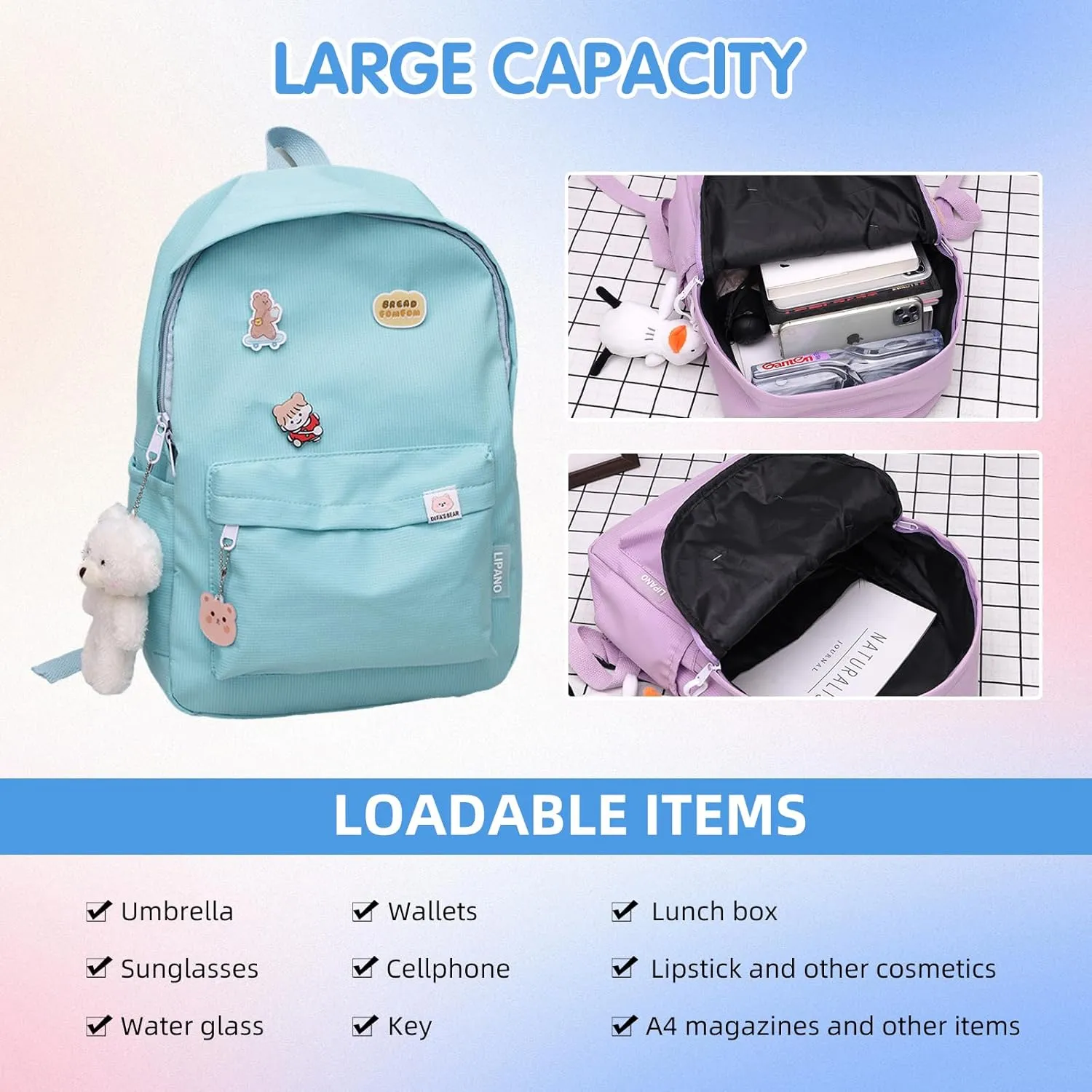 Aesthetic Backpack, Large Capacity Lightweight Casual Daypack, Cute Oxford Frabic Mochila with Pendant (Green)