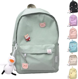 Aesthetic Backpack, Large Capacity Lightweight Casual Daypack, Cute Oxford Frabic Mochila with Pendant (Green)