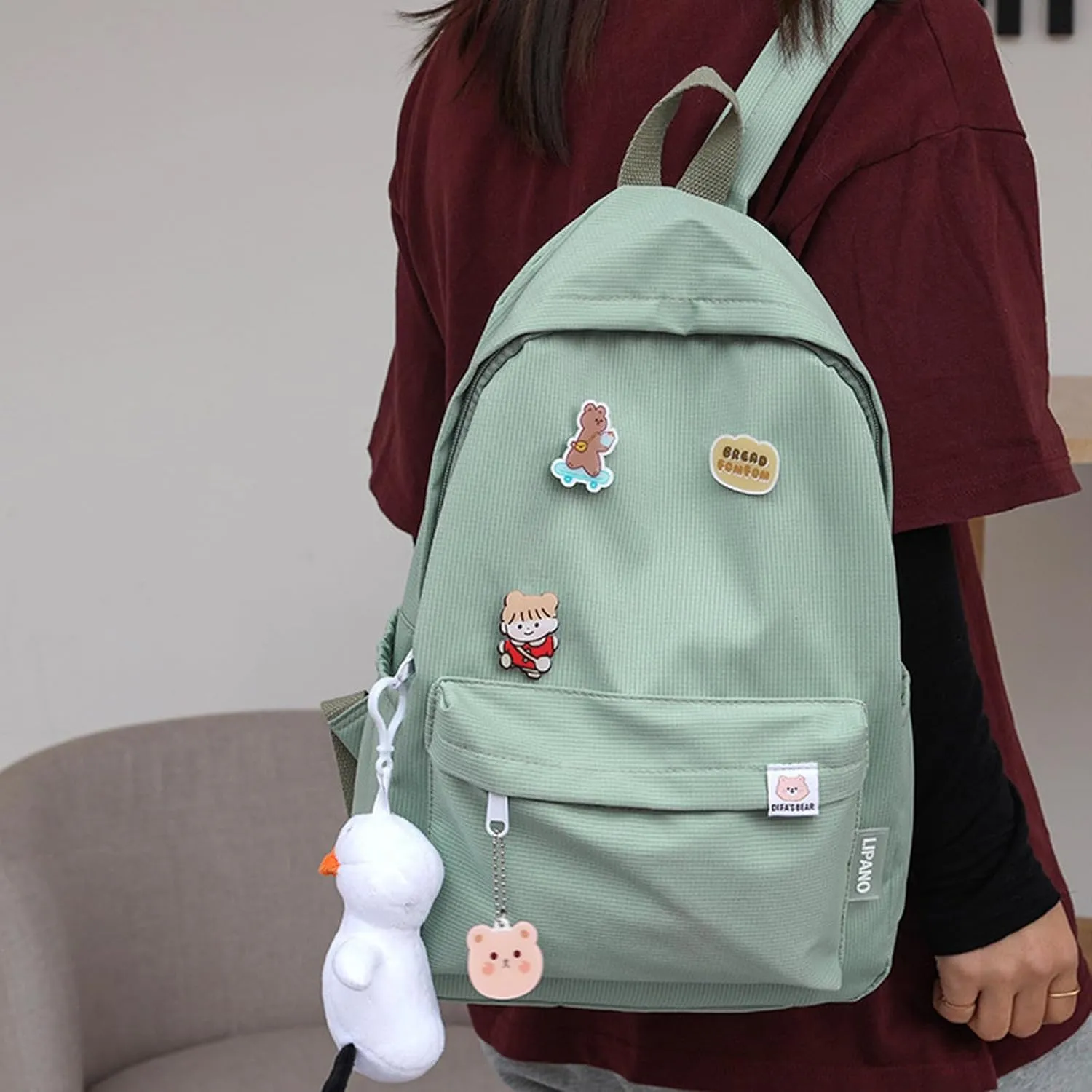 Aesthetic Backpack, Large Capacity Lightweight Casual Daypack, Cute Oxford Frabic Mochila with Pendant (Green)