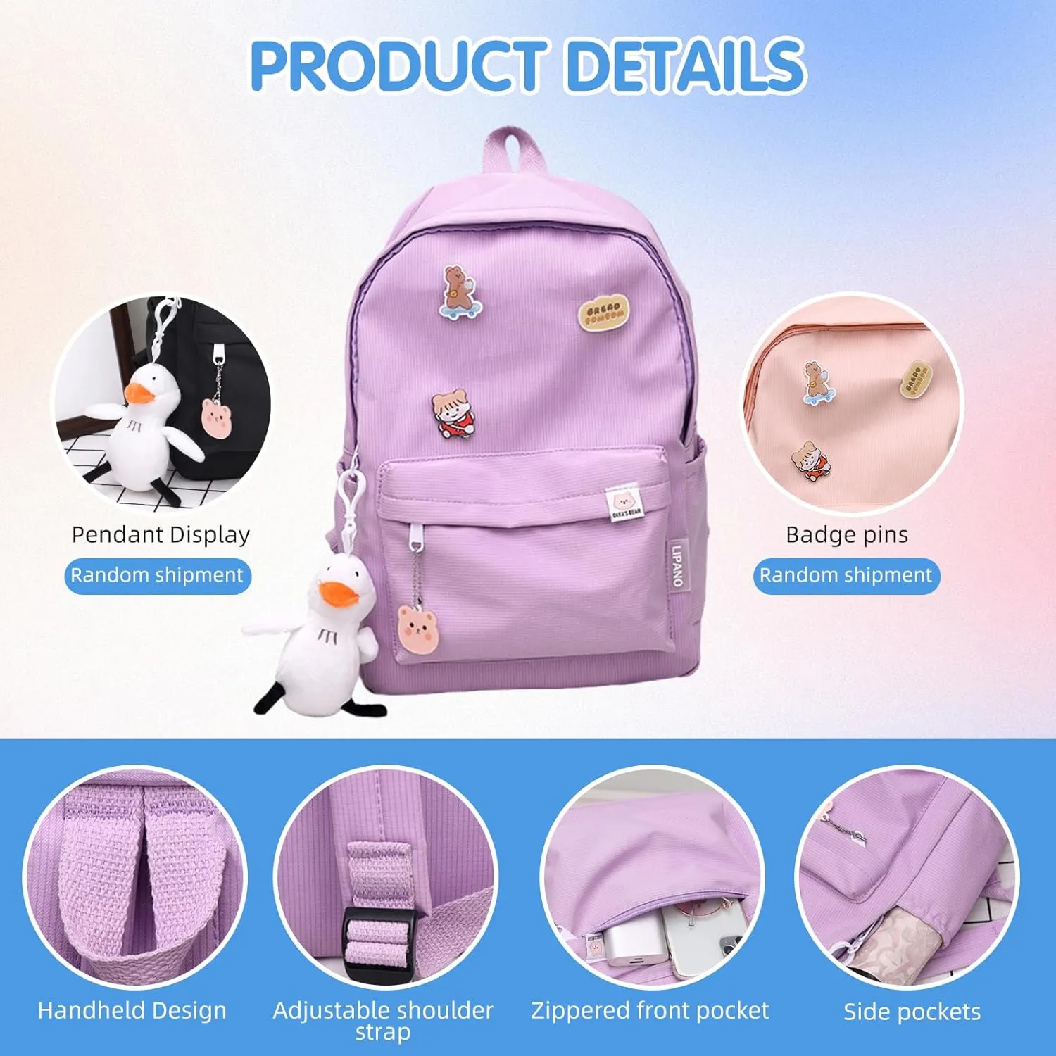 Aesthetic Backpack, Large Capacity Lightweight Casual Daypack, Cute Oxford Frabic Mochila with Pendant (Green)