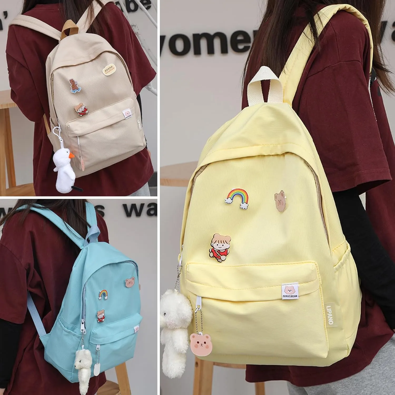 Aesthetic Backpack, Large Capacity Lightweight Casual Daypack, Cute Oxford Frabic Mochila with Pendant (Green)