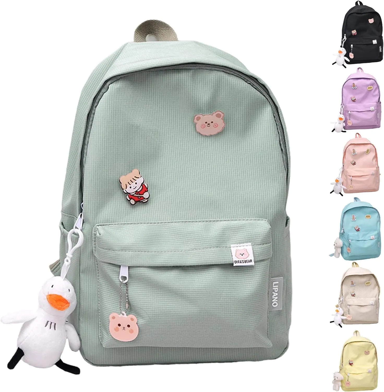 Aesthetic Backpack, Large Capacity Lightweight Casual Daypack, Cute Oxford Frabic Mochila with Pendant (Green)