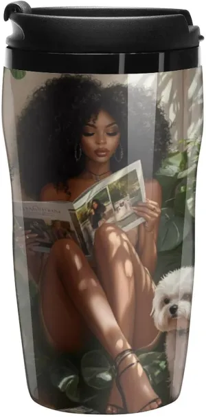 African American Black Woman Coffee Mug with Lid Portable Tumbler Water Bottle for Travel Business 250ml