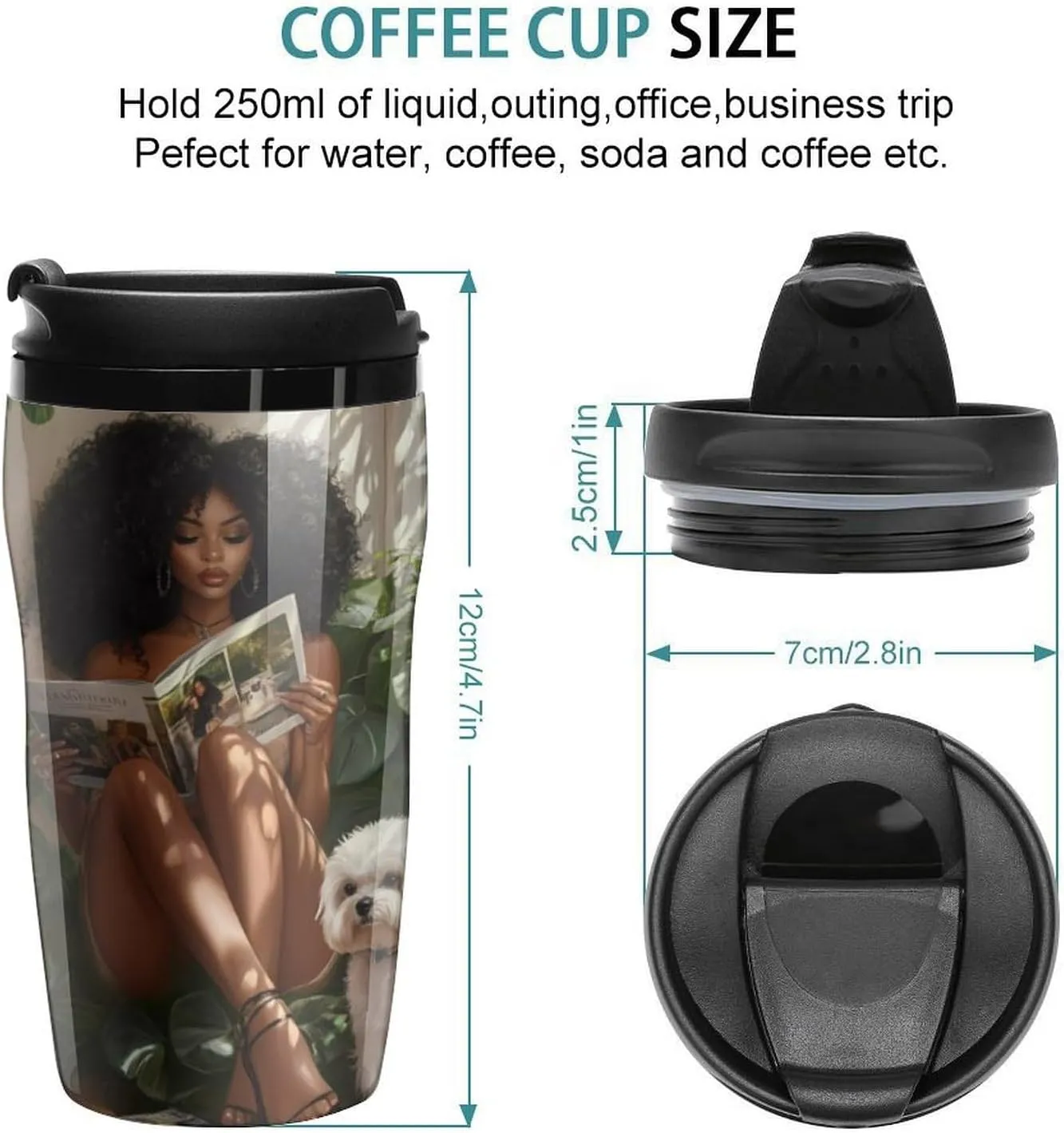 African American Black Woman Coffee Mug with Lid Portable Tumbler Water Bottle for Travel Business 250ml