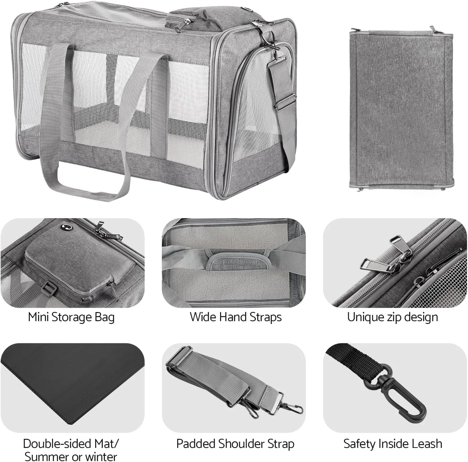 Airline Approved Pet Carrier for Cats Dogs Soft Travel Bag with Breathable Honeycomb Board,Removable Support Board for Car,Air Travel,and Vet Visits (Gray)