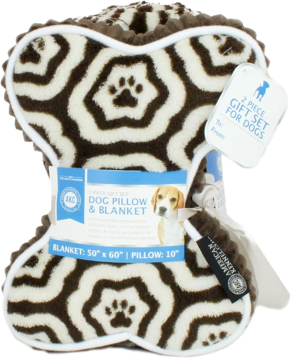 AKC 60"x50" Pet Blanket & 10" Pillow Set, Warm Plush Blanket for Dogs & Cats - Paw Print - Brown