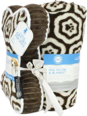 AKC 60"x50" Pet Blanket & 10" Pillow Set, Warm Plush Blanket for Dogs & Cats - Paw Print - Brown