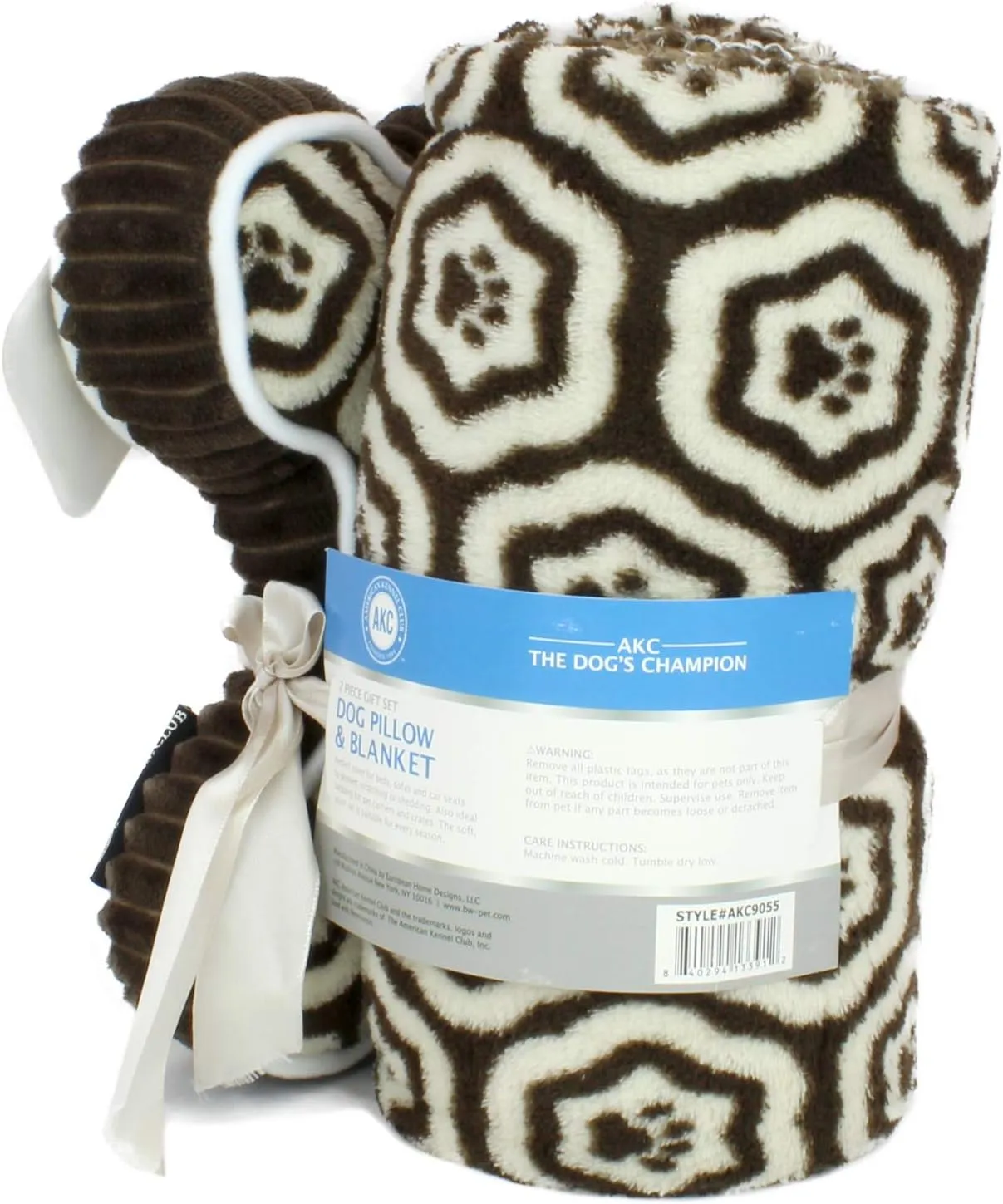 AKC 60"x50" Pet Blanket & 10" Pillow Set, Warm Plush Blanket for Dogs & Cats - Paw Print - Brown