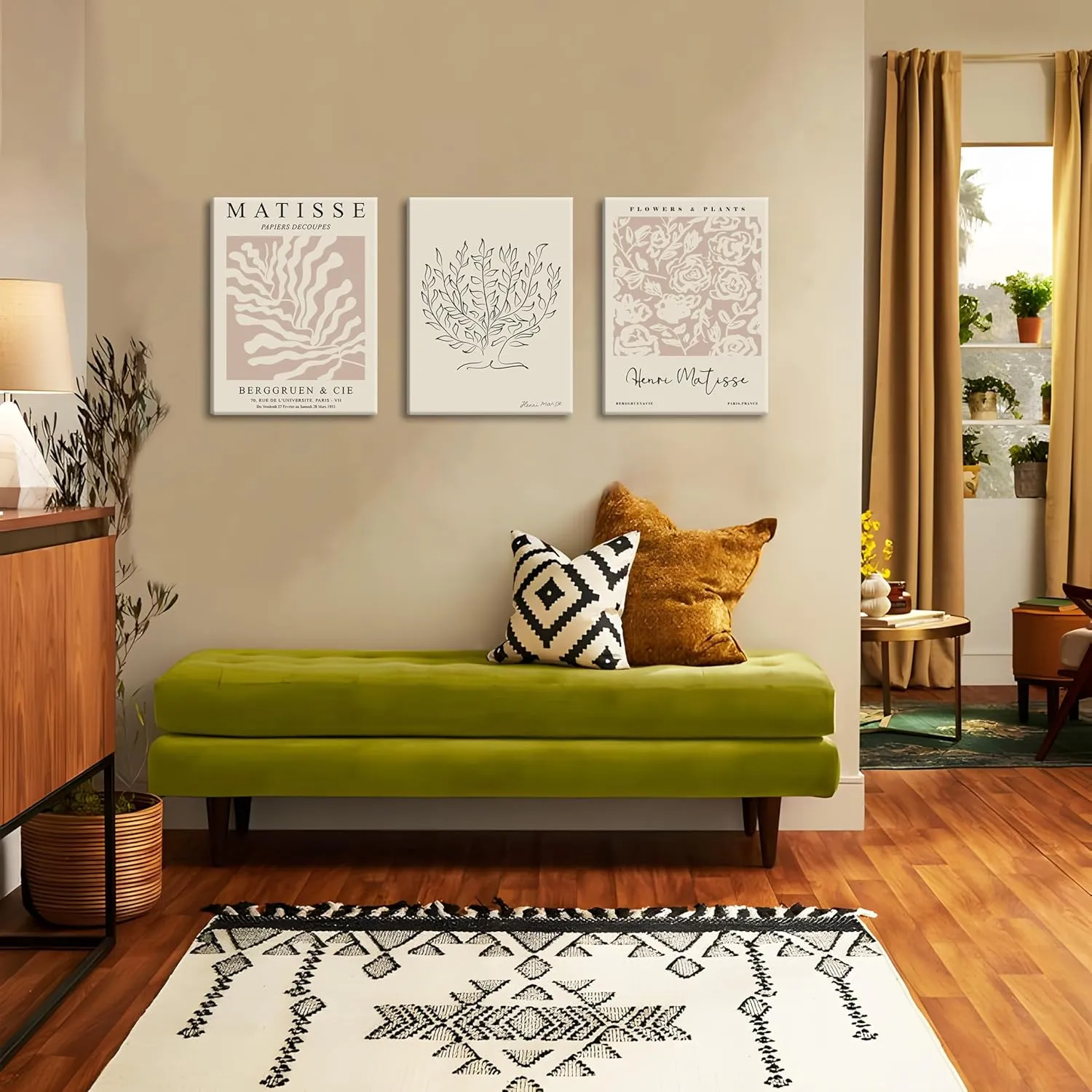 AKWISH Matisse Aesthetic Canvas Wall Art Set of 3, Abstract Henri Matisse Beige Neutral Wall Home Decor Boho Flower Abstract Poster Prints, for Living Room Bedroom, 12x16 Framed