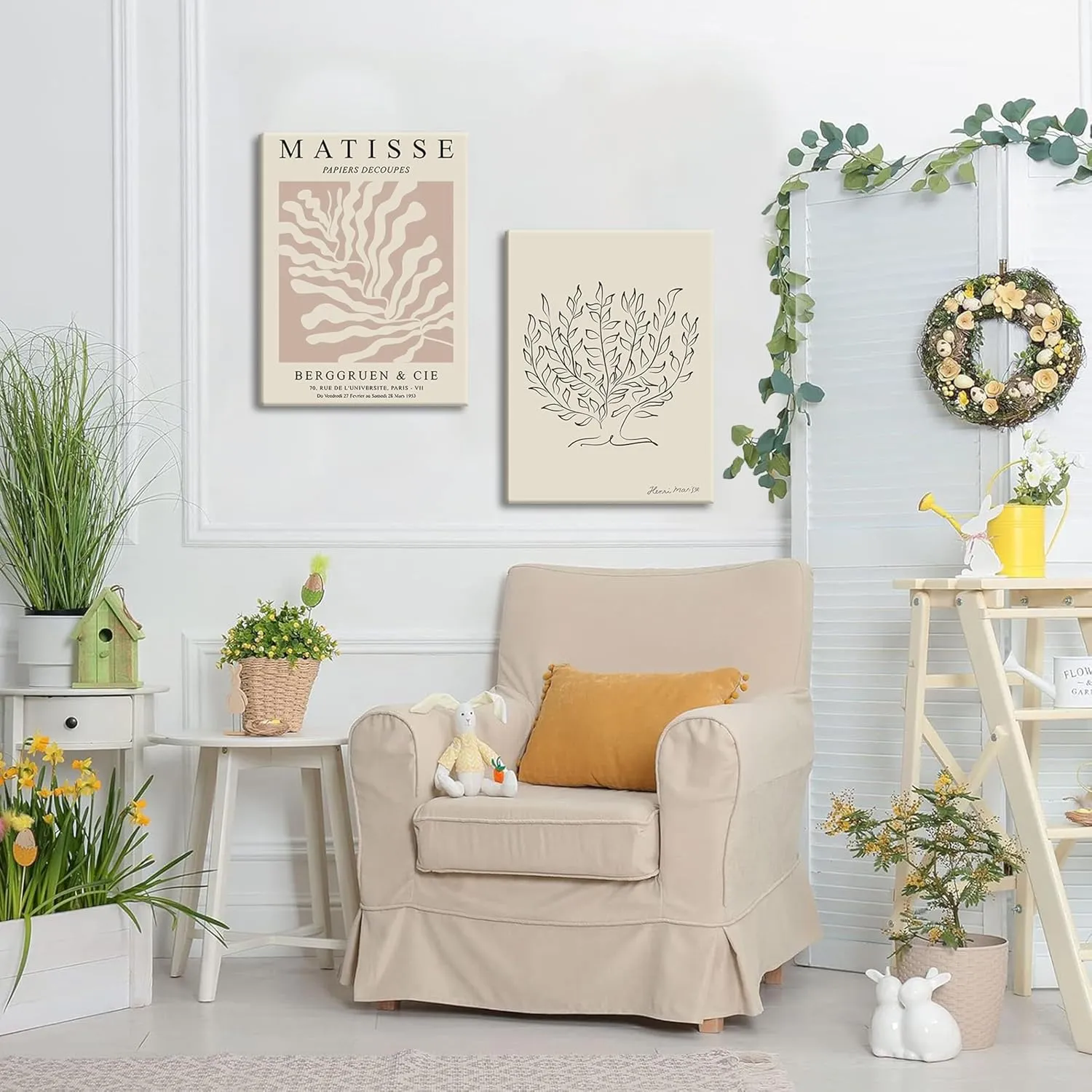 AKWISH Matisse Aesthetic Canvas Wall Art Set of 3, Abstract Henri Matisse Beige Neutral Wall Home Decor Boho Flower Abstract Poster Prints, for Living Room Bedroom, 12x16 Framed