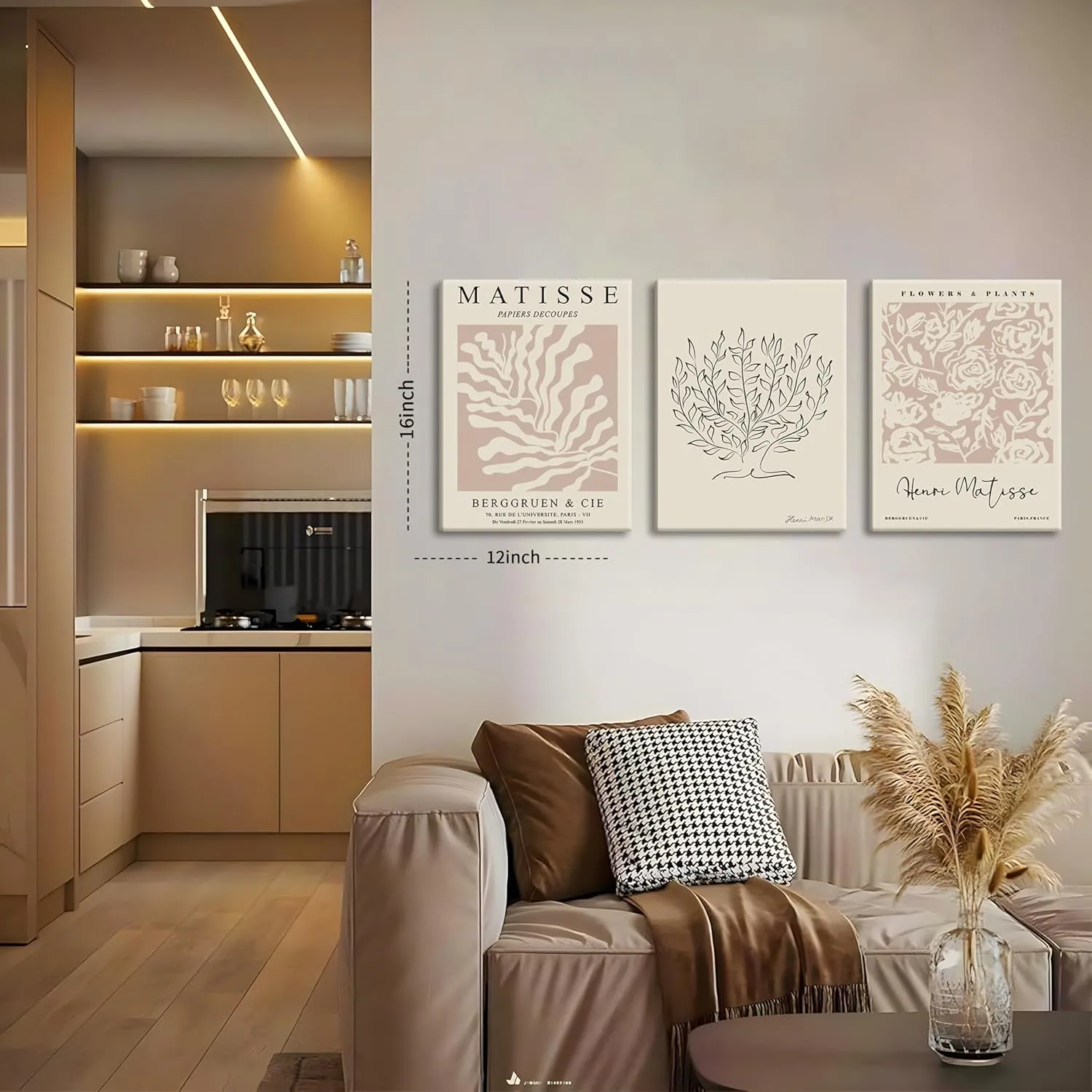 AKWISH Matisse Aesthetic Canvas Wall Art Set of 3, Abstract Henri Matisse Beige Neutral Wall Home Decor Boho Flower Abstract Poster Prints, for Living Room Bedroom, 12x16 Framed
