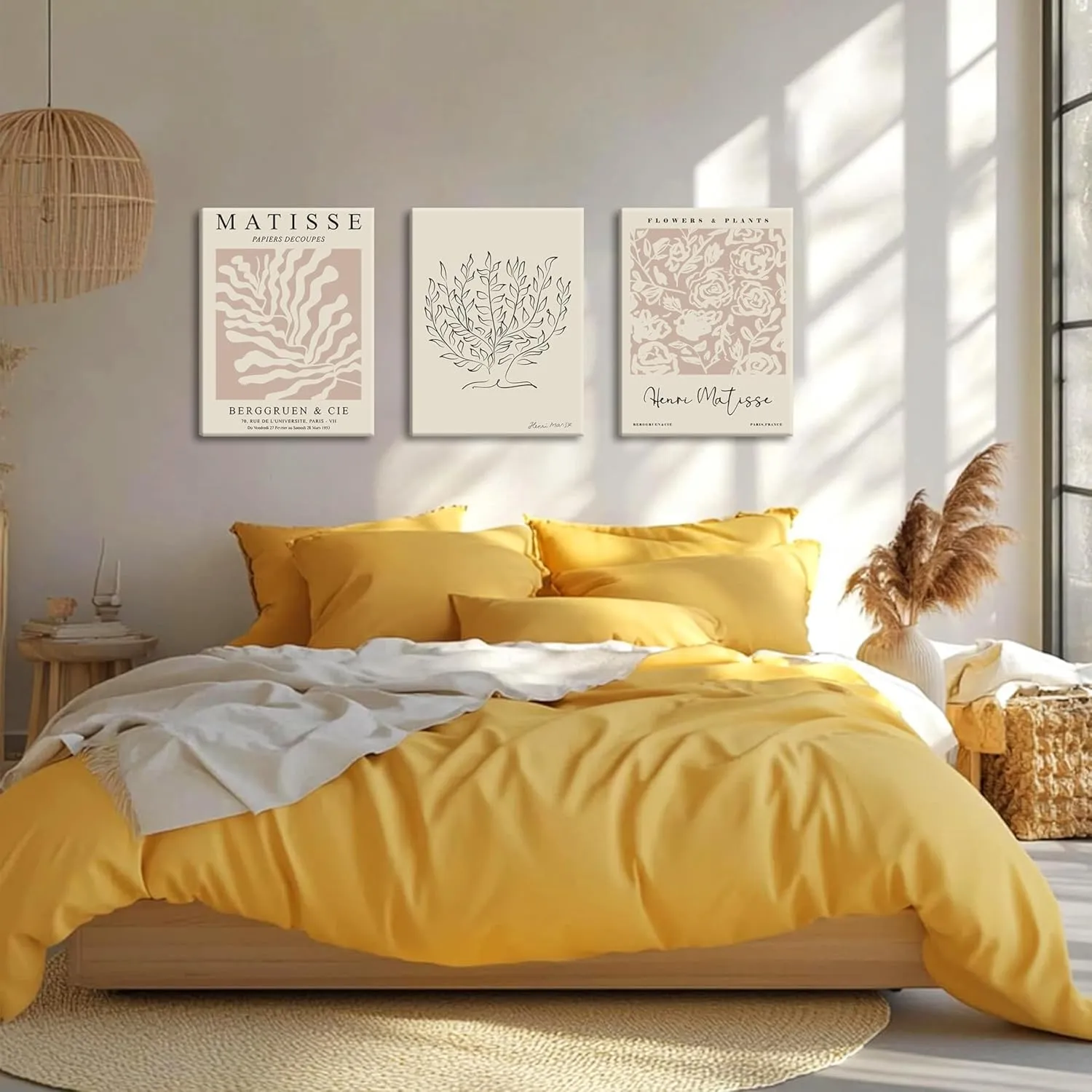 AKWISH Matisse Aesthetic Canvas Wall Art Set of 3, Abstract Henri Matisse Beige Neutral Wall Home Decor Boho Flower Abstract Poster Prints, for Living Room Bedroom, 12x16 Framed
