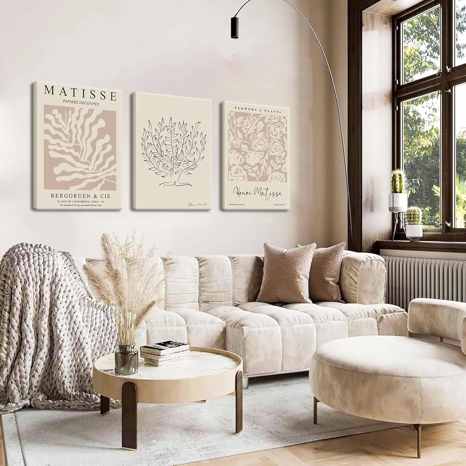 AKWISH Matisse Aesthetic Canvas Wall Art Set of 3, Abstract Henri Matisse Beige Neutral Wall Home Decor Boho Flower Abstract Poster Prints, for Living Room Bedroom, 12x16 Framed