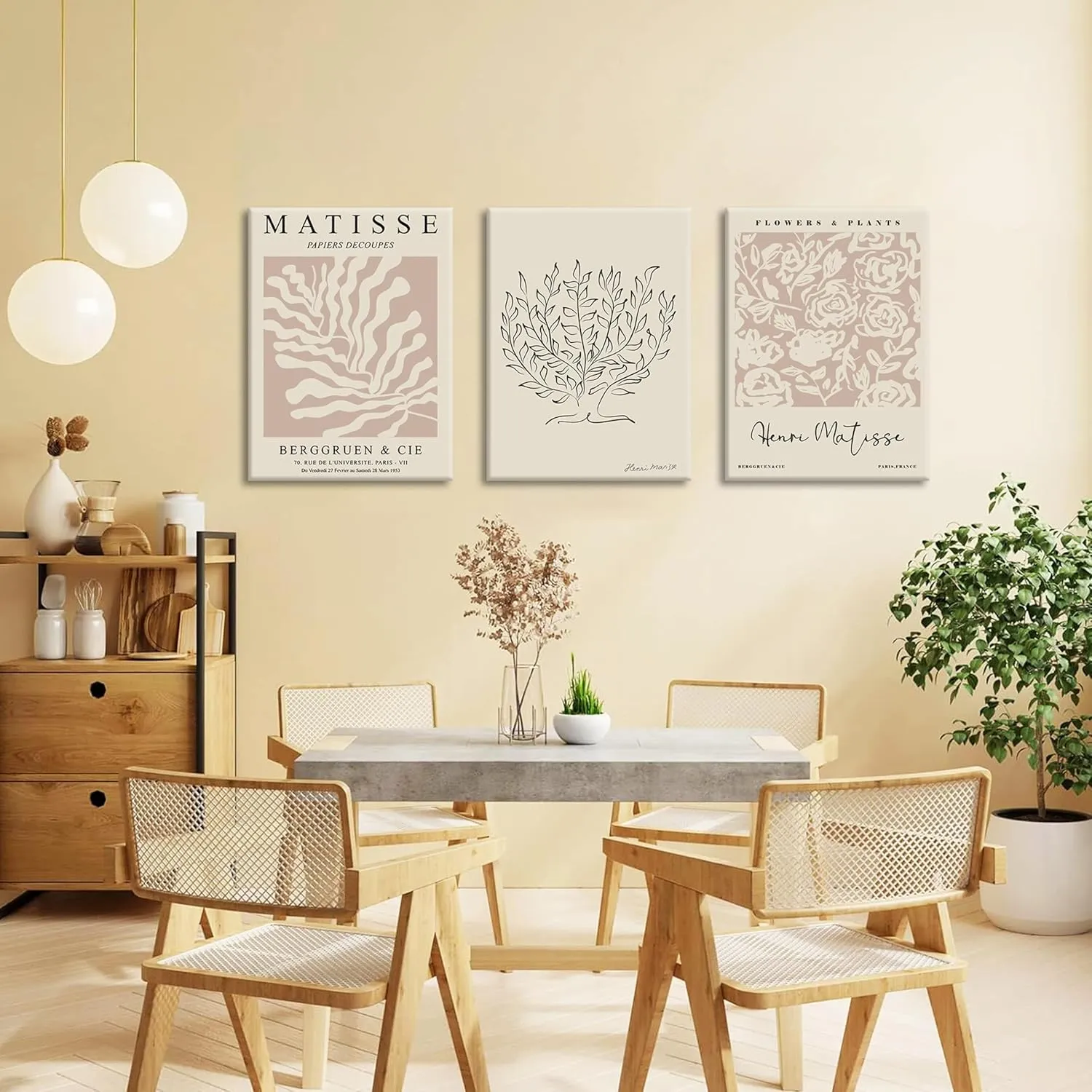 AKWISH Matisse Aesthetic Canvas Wall Art Set of 3, Abstract Henri Matisse Beige Neutral Wall Home Decor Boho Flower Abstract Poster Prints, for Living Room Bedroom, 12x16 Framed