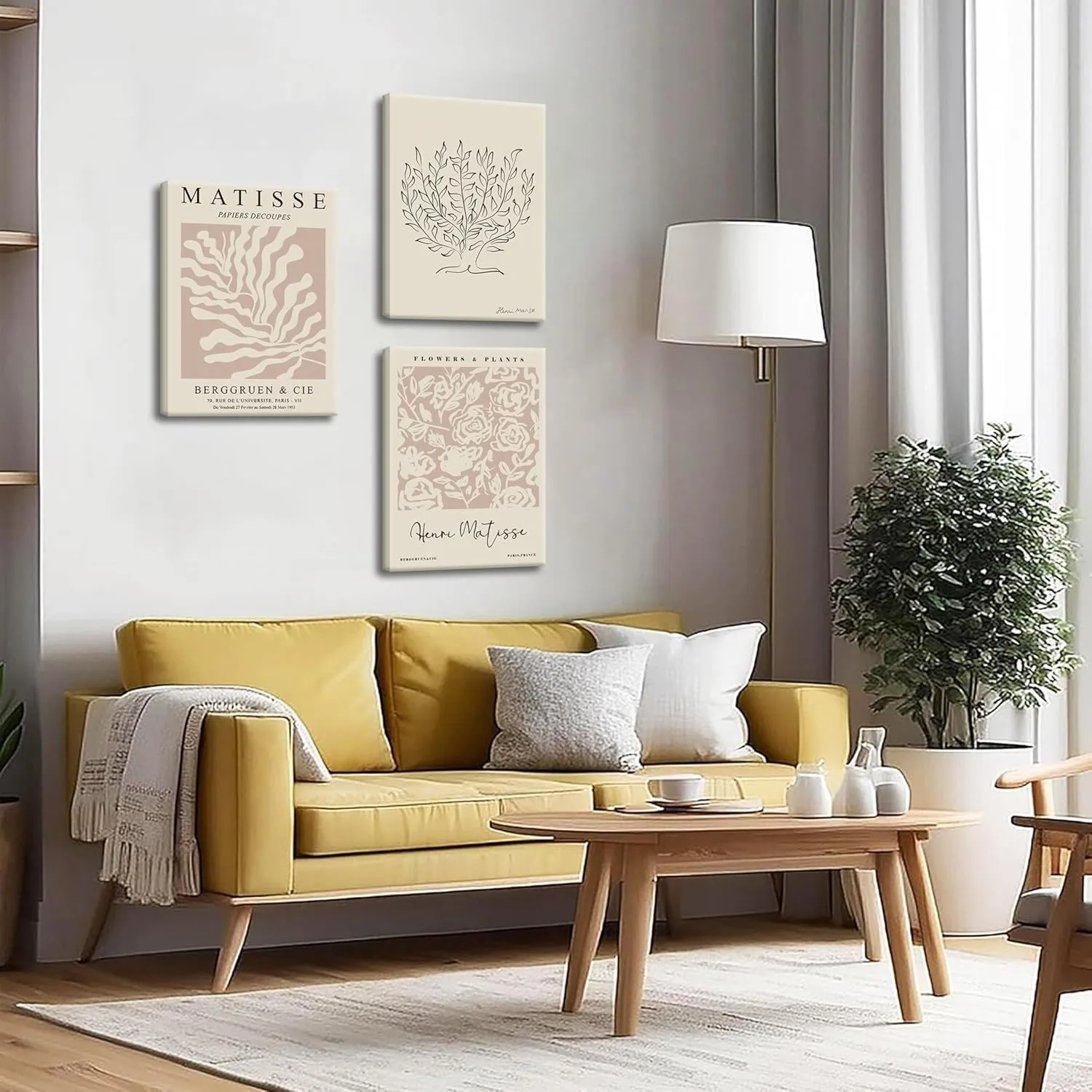 AKWISH Matisse Aesthetic Canvas Wall Art Set of 3, Abstract Henri Matisse Beige Neutral Wall Home Decor Boho Flower Abstract Poster Prints, for Living Room Bedroom, 12x16 Framed