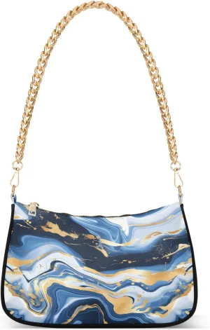 ALAZA Marble Blue Gold White Shoulder Bag Purse for Women Tote Handbag with Zipper Closure