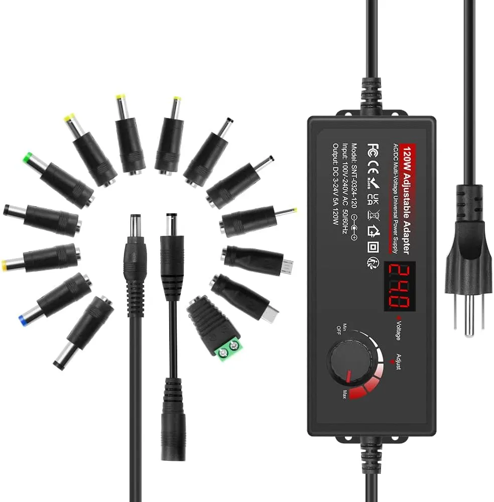 ALITOVE Universal Power Supply 4V-24V 5A 120W Adjustable AC/DC Power Adapter 100-240V AC to DC 24V 19V 12V 5V 9V 6V 5A 4A Mulit-Voltage Variable Switching Converter with Polarity Converter & 14 Tips