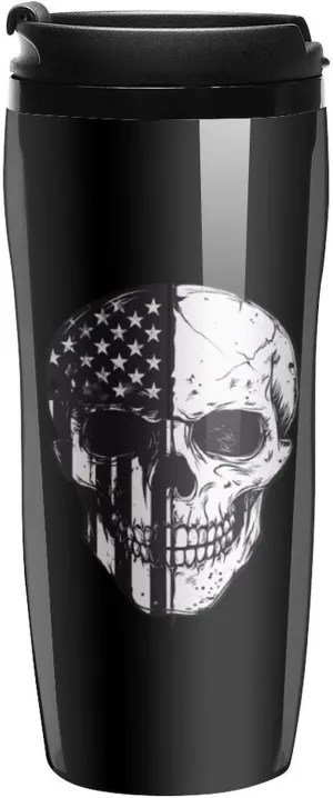Am-erican Flag Skull Skeleton Coffee Mug with Lid Portable Tumbler Water Bottle for Travel Business 350ml