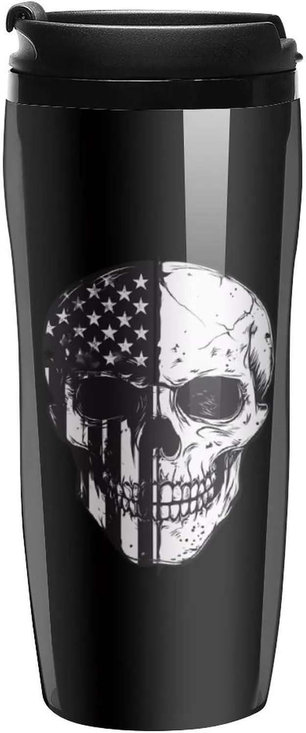 Am-erican Flag Skull Skeleton Coffee Mug with Lid Portable Tumbler Water Bottle for Travel Business 350ml
