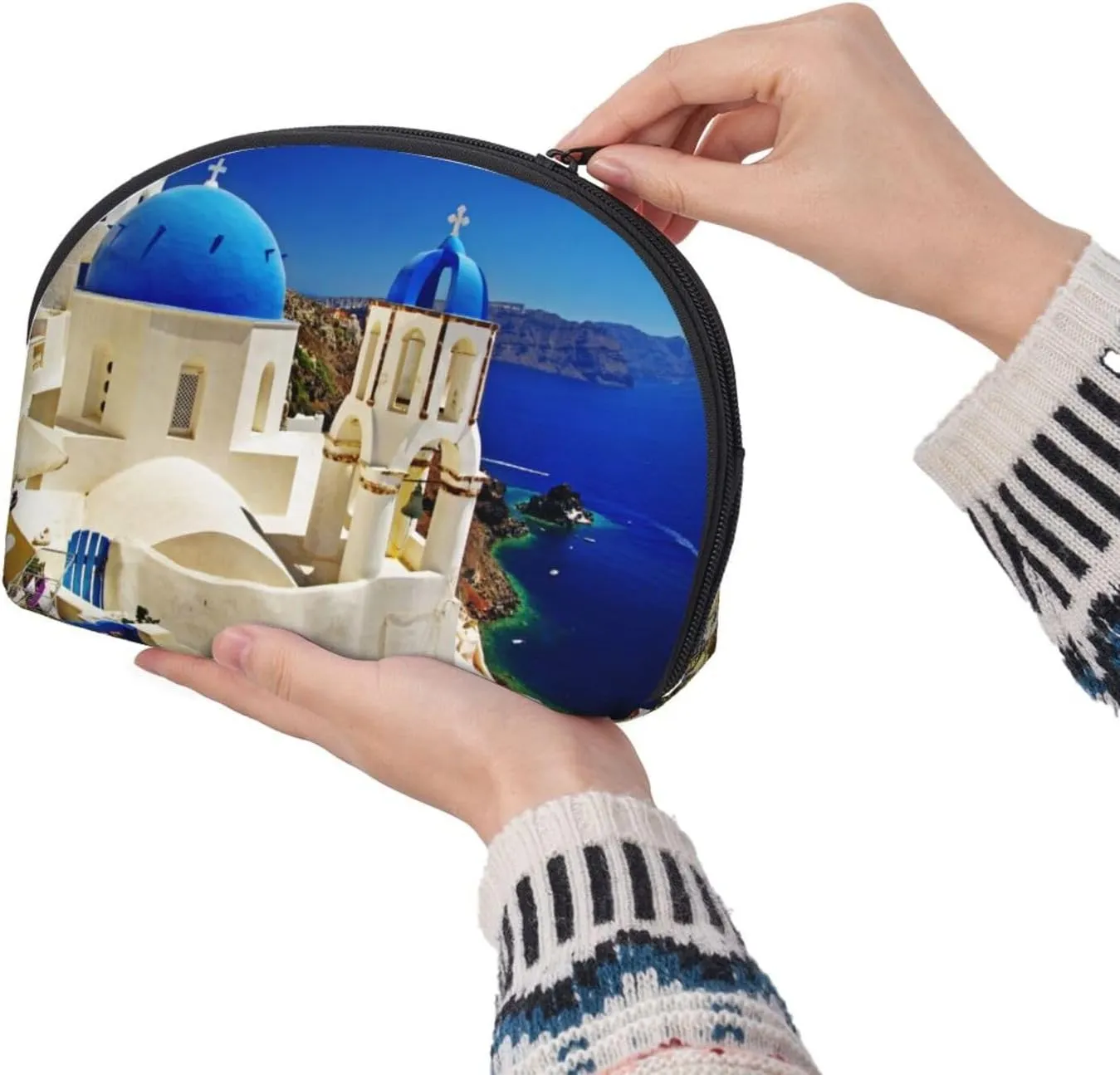 AMAZWI Santorini Greek Island Sea View 2 Pcs Cosmetic Bags Portable Bag Clutch Pouch Travel Purse With Zipper Handbag Organizer,Unisex, REV11