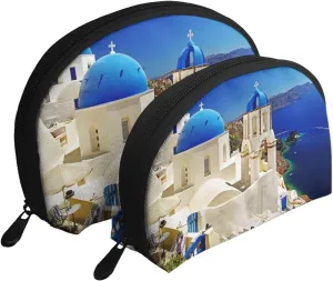 AMAZWI Santorini Greek Island Sea View 2 Pcs Cosmetic Bags Portable Bag Clutch Pouch Travel Purse With Zipper Handbag Organizer,Unisex, REV11