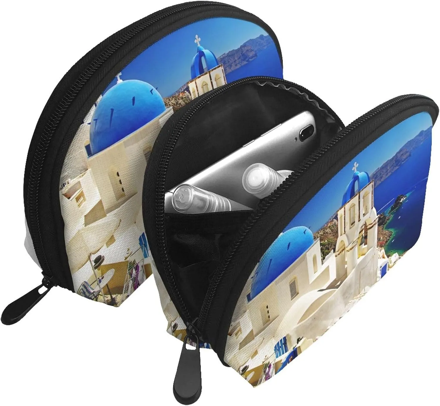 AMAZWI Santorini Greek Island Sea View 2 Pcs Cosmetic Bags Portable Bag Clutch Pouch Travel Purse With Zipper Handbag Organizer,Unisex, REV11