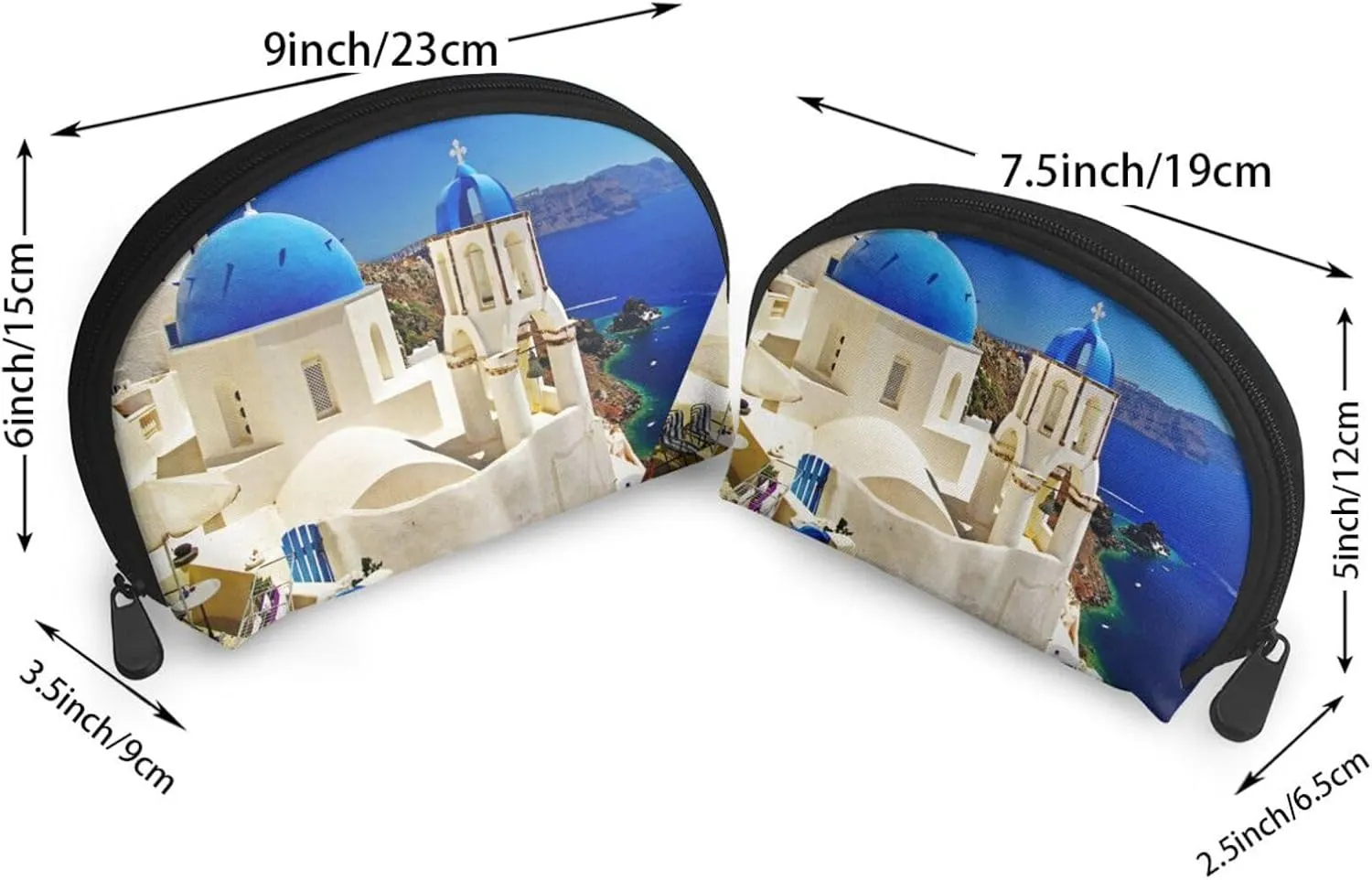AMAZWI Santorini Greek Island Sea View 2 Pcs Cosmetic Bags Portable Bag Clutch Pouch Travel Purse With Zipper Handbag Organizer,Unisex, REV11