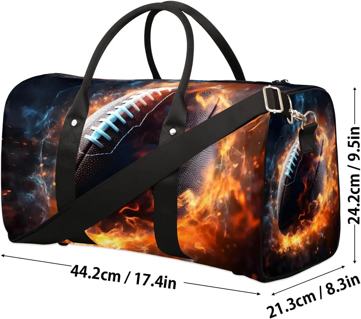 American Footballs Fire Ball Travel Duffel Bag for Women Men Waterproof Foldable Overnight Weekender Bag Large Capacity Sports Gym Bag